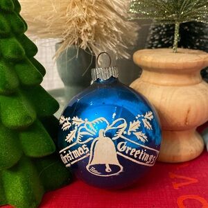 Vintage Shiny Brite stenciled blue Christmas Greetings ornament